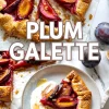Top-down collage of a plum galette with sliced portions on parchment and a plated slice served with whipped cream and honey drizzle, styled with whole plums and crumbs on a marble surface.