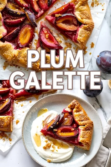 Top-down collage of a plum galette with sliced portions on parchment and a plated slice served with whipped cream and honey drizzle, styled with whole plums and crumbs on a marble surface.