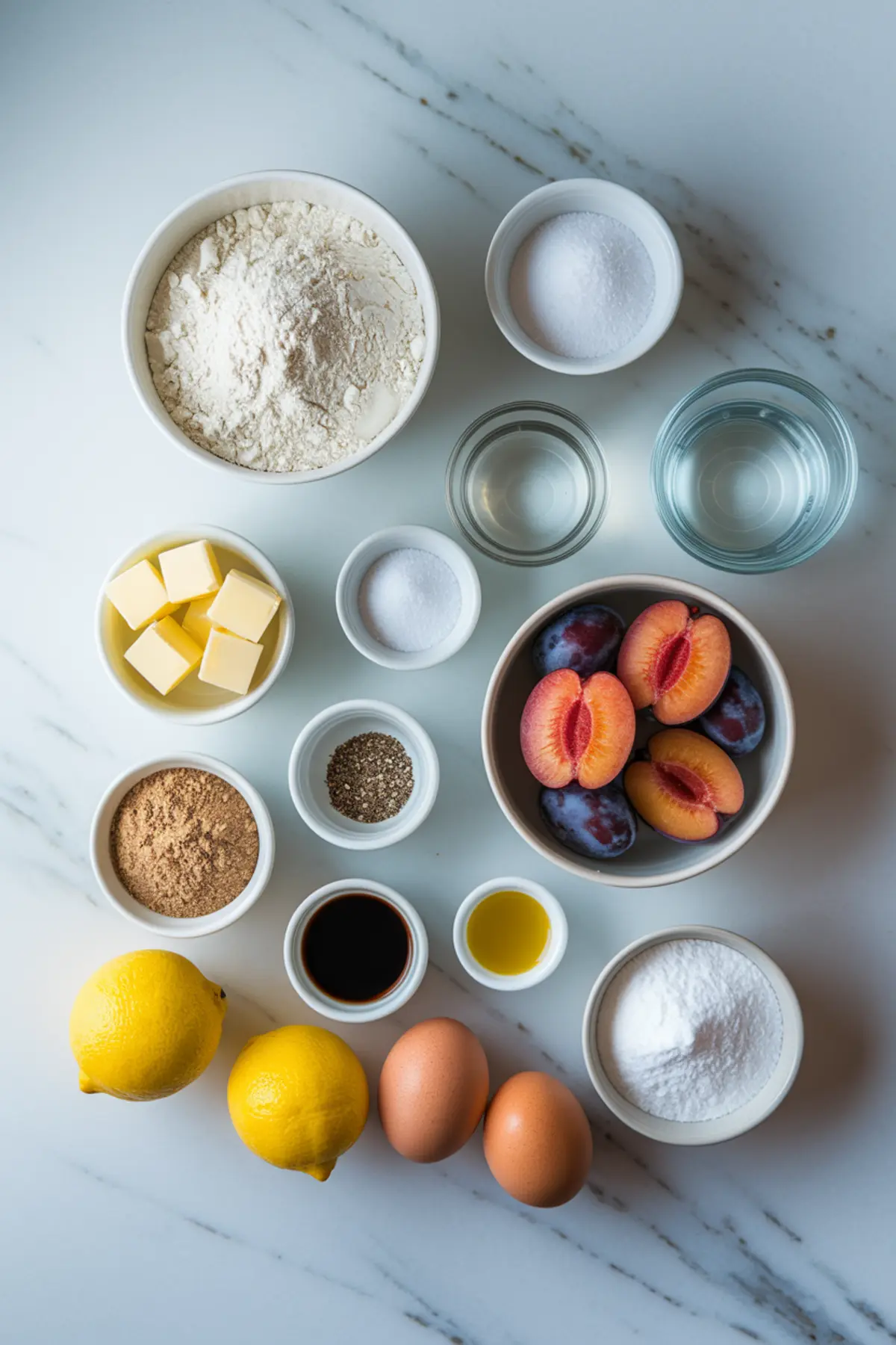 Assortment of baking ingredients for plum galette arranged neatly on a white marble surface, including flour, sugar, butter, eggs, plums, brown sugar, vanilla, black pepper, and lemons.