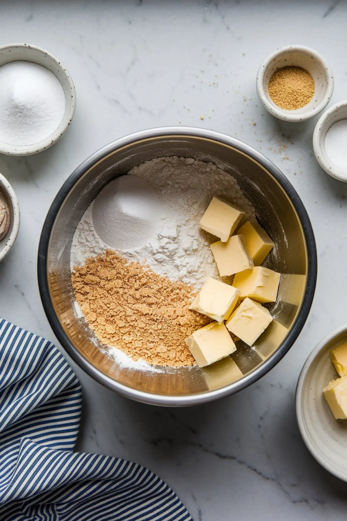 Metal mixing bowl with flour, sugar, brown sugar, and cubed butter, surrounded by small bowls of additional ingredients, ready for crust preparation.