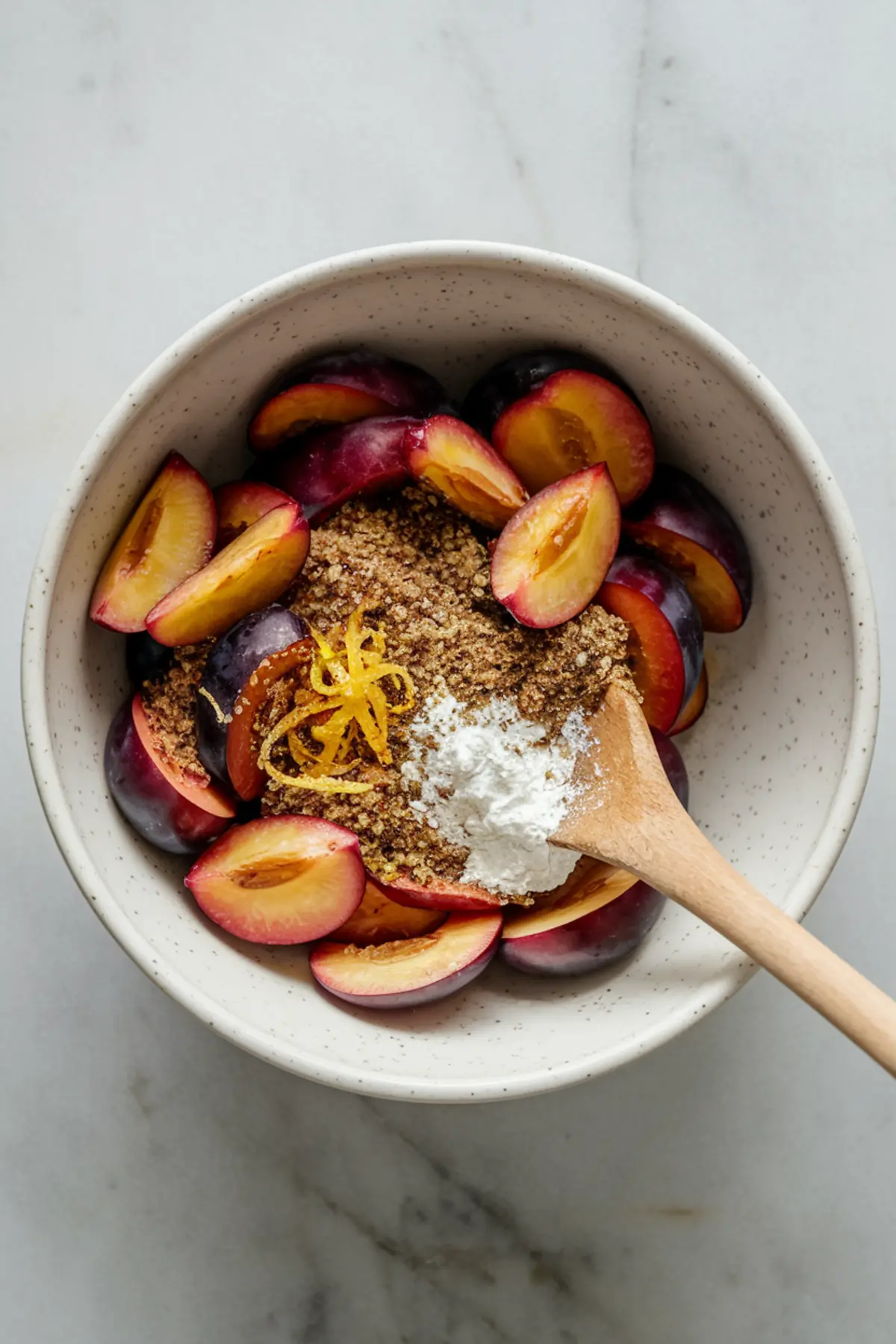 Bowl filled with halved purple plums, brown sugar, lemon zest, and flour, with a wooden spoon resting on top, ready for baking preparation.