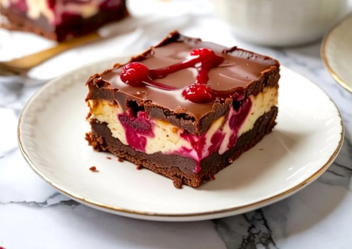 Close-up of one sliced raspberry cheesecake brownie with layers of fudge brownie, creamy cheesecake, raspberry swirl, and glossy chocolate topping.