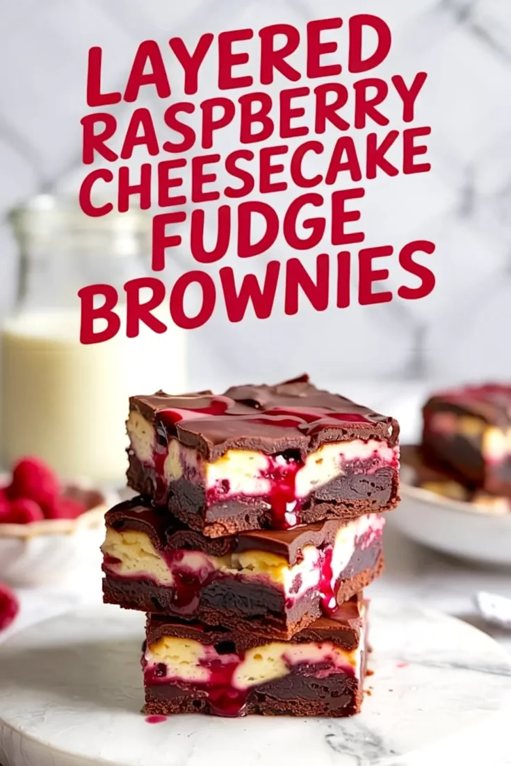 Stack of three layered raspberry cheesecake fudge brownies on white round board, with visible gooey raspberry sauce and chocolate topping, styled with blurred background.