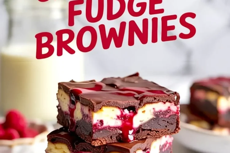 Stack of three layered raspberry cheesecake fudge brownies on white round board, with visible gooey raspberry sauce and chocolate topping, styled with blurred background.