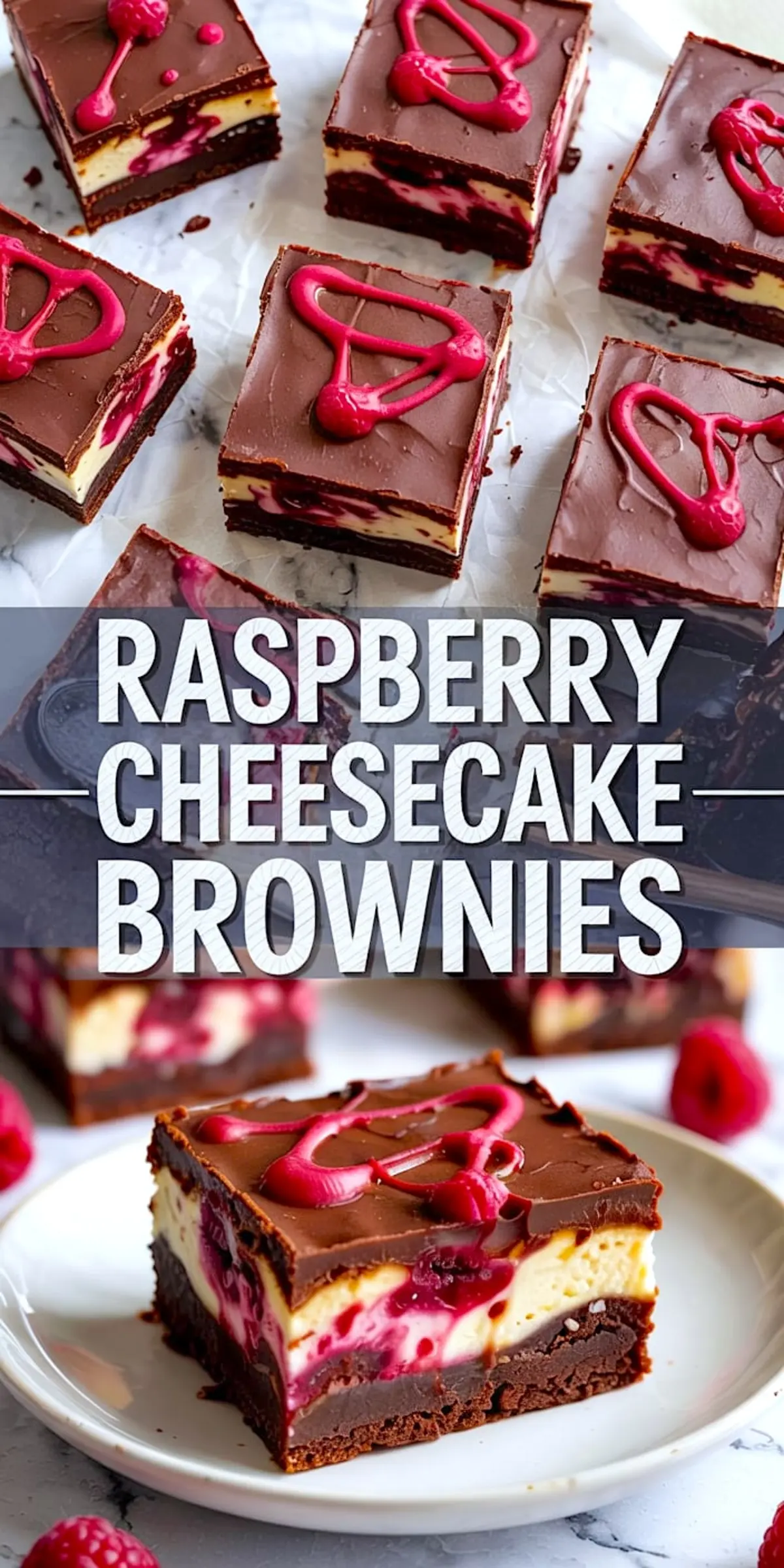 Top-down and side view collage showing thick raspberry cheesecake brownies with chocolate topping and bright pink raspberry drizzle, displayed on parchment and white plate.