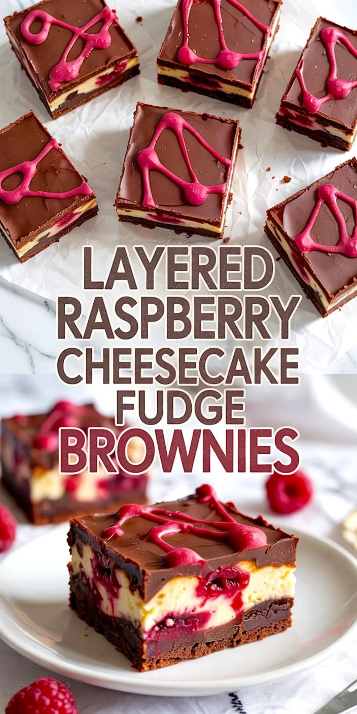 Collage of layered raspberry cheesecake fudge brownies on parchment and plate, topped with chocolate ganache and raspberry sauce swirl.