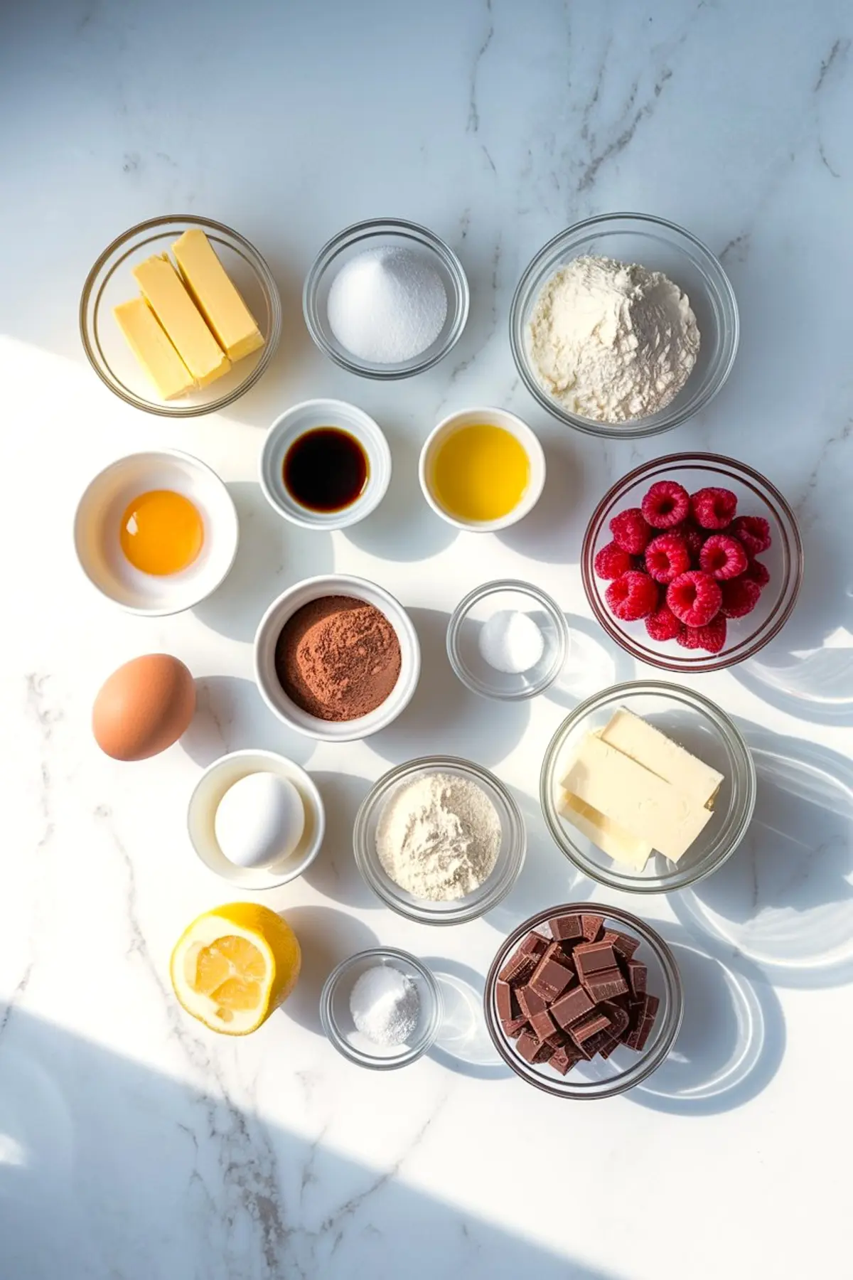 Flat lay of brownie ingredients in glass bowls on marble surface including butter, sugar, flour, raspberries, eggs, vanilla, cocoa, lemon, and chocolate chunks.