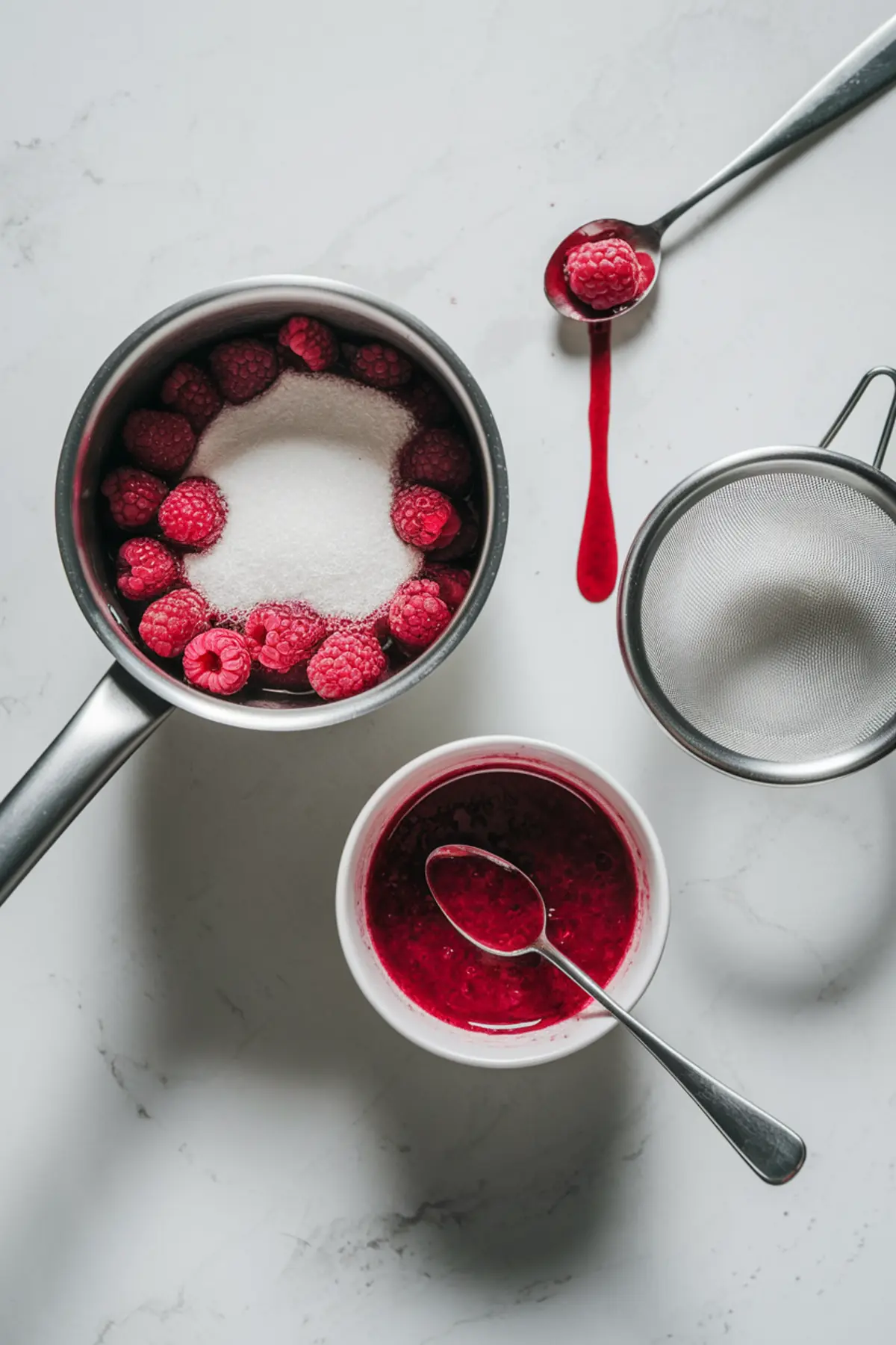 Flat lay of raspberry sauce preparation with fresh raspberries and sugar in saucepan, mashed raspberries in white bowl, and metal strainer on white background.
