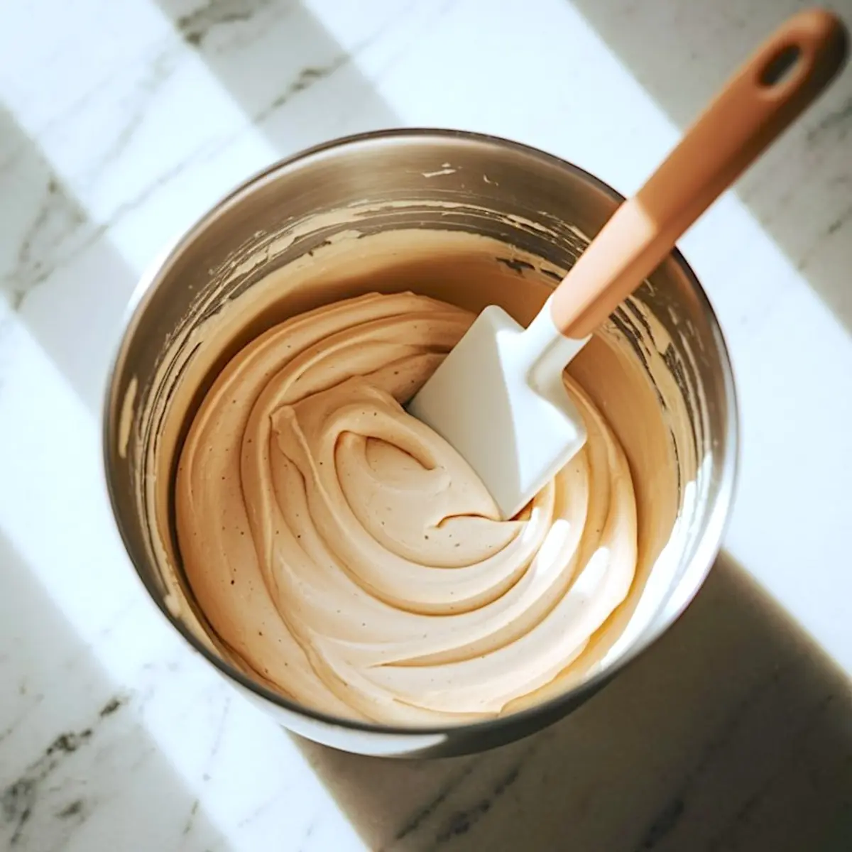 Close-up of creamy cheesecake batter in stainless steel bowl with white spatula, placed on a marble counter with shadows.