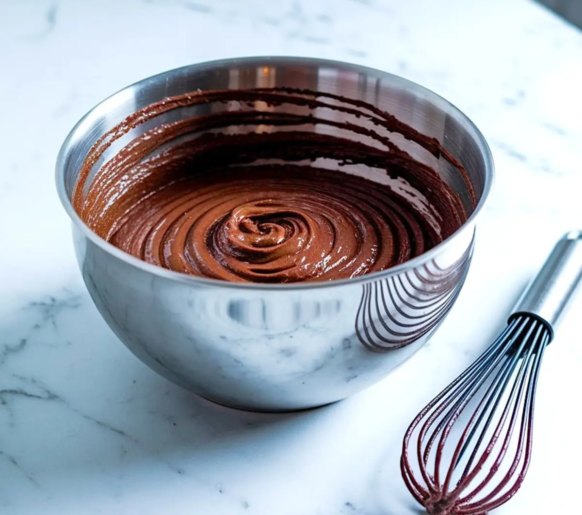 Chocolate brownie batter in stainless steel mixing bowl with a balloon whisk resting beside it on marble surface.