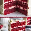 Three-layer red velvet cake with cream cheese frosting and cherry filling shown sliced open, paired with a close-up of a single slice on a white plate, highlighting the vibrant red crumb and smooth ivory frosting.