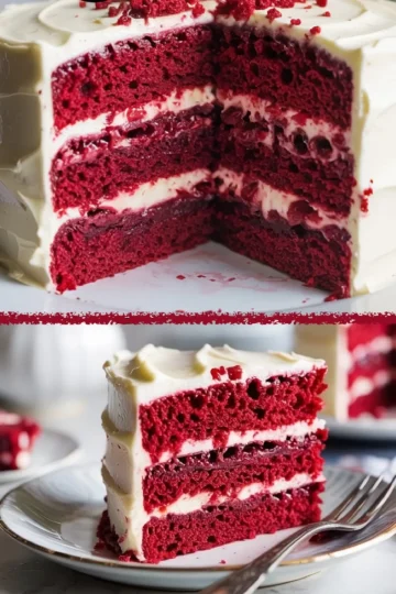 Three-layer red velvet cake with cream cheese frosting and cherry filling shown sliced open, paired with a close-up of a single slice on a white plate, highlighting the vibrant red crumb and smooth ivory frosting.