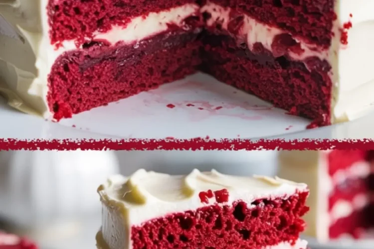 Three-layer red velvet cake with cream cheese frosting and cherry filling shown sliced open, paired with a close-up of a single slice on a white plate, highlighting the vibrant red crumb and smooth ivory frosting.