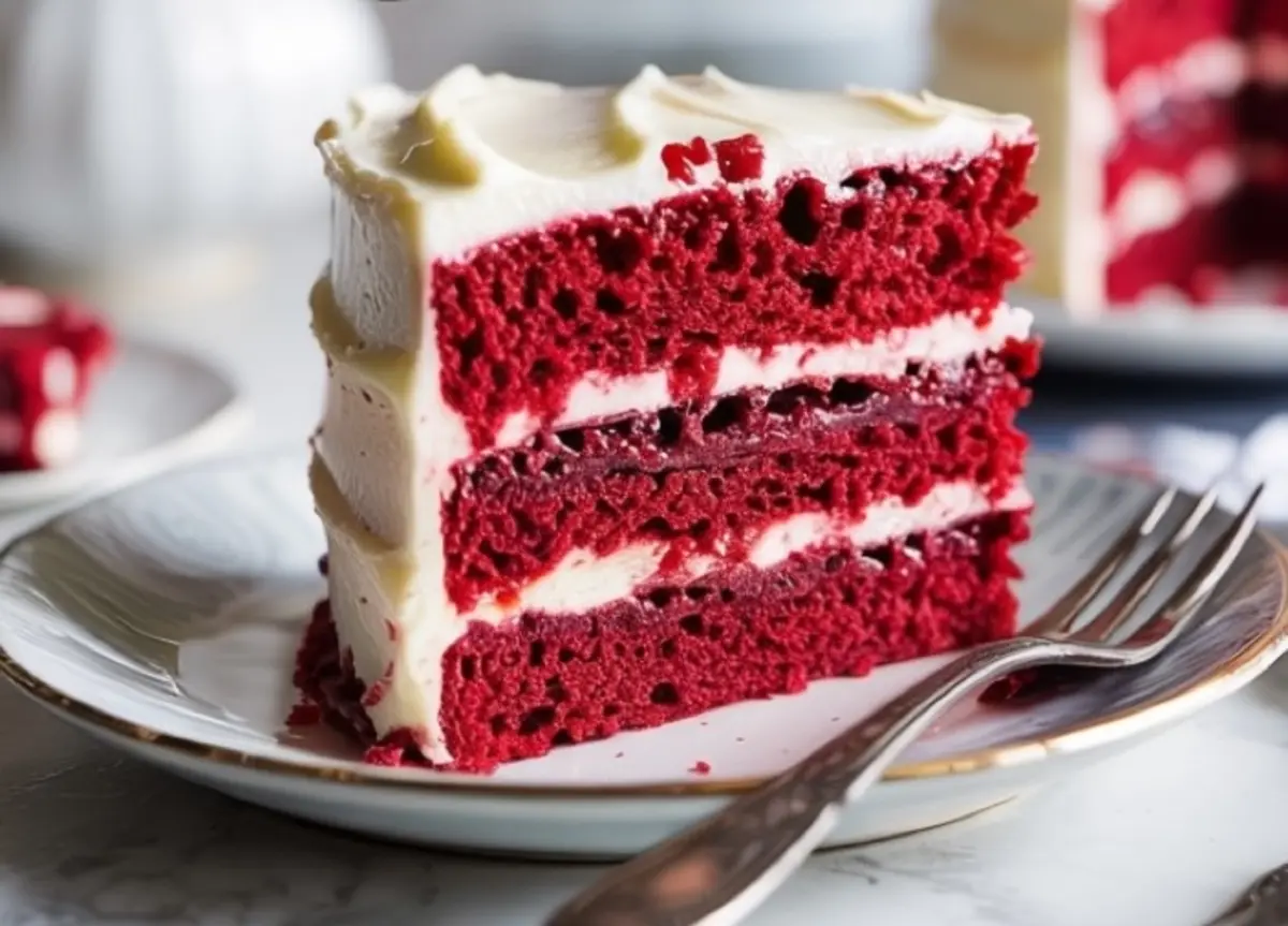 Plated slice of red velvet cake on a white dish, displaying fluffy red layers, thick cream cheese frosting, and cherry filling with a blurred background.