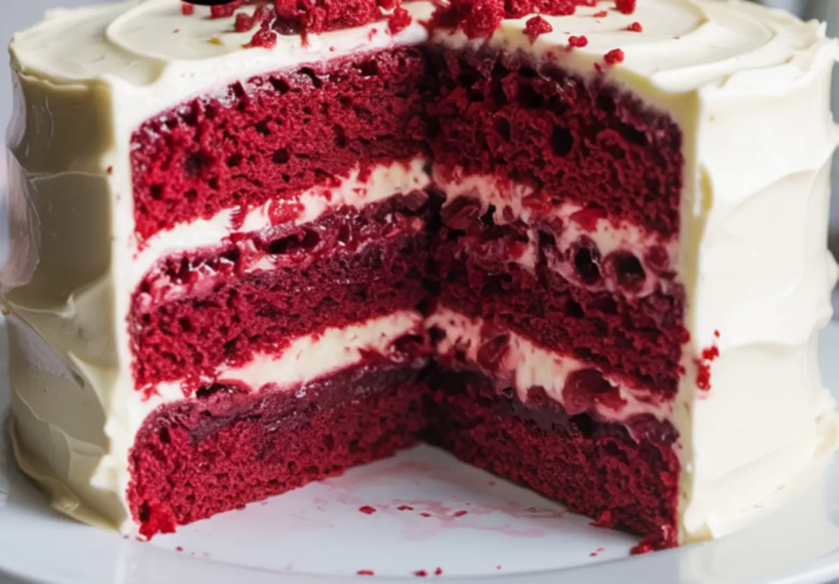 Close-up of a tall red velvet cake with cream cheese frosting, sliced to show layers of moist red cake, creamy filling, and dark cherry compote.