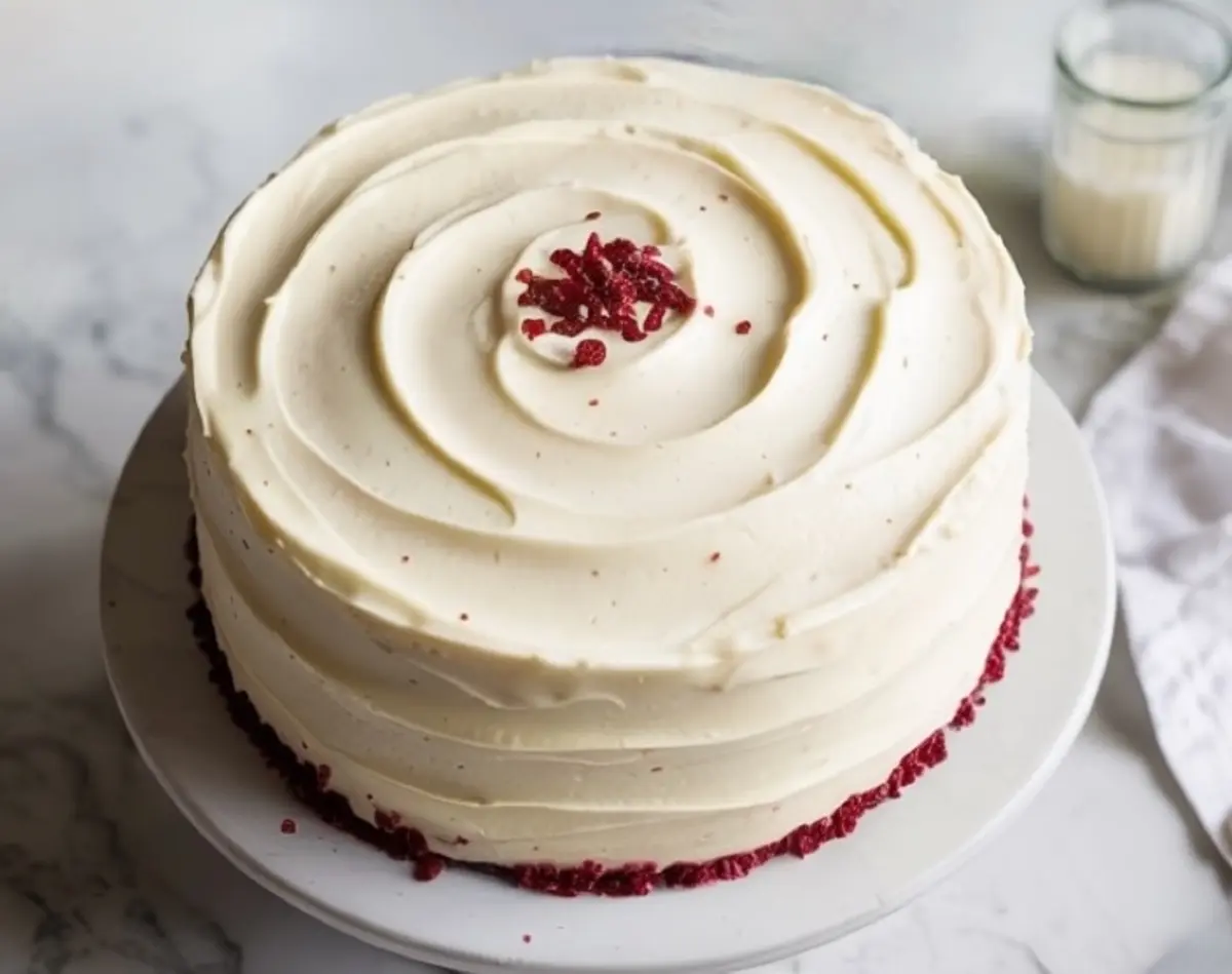 Top-down view of a whole red velvet cake covered in smooth cream cheese frosting, finished with a swirl pattern and garnished with crumbled red velvet on top.