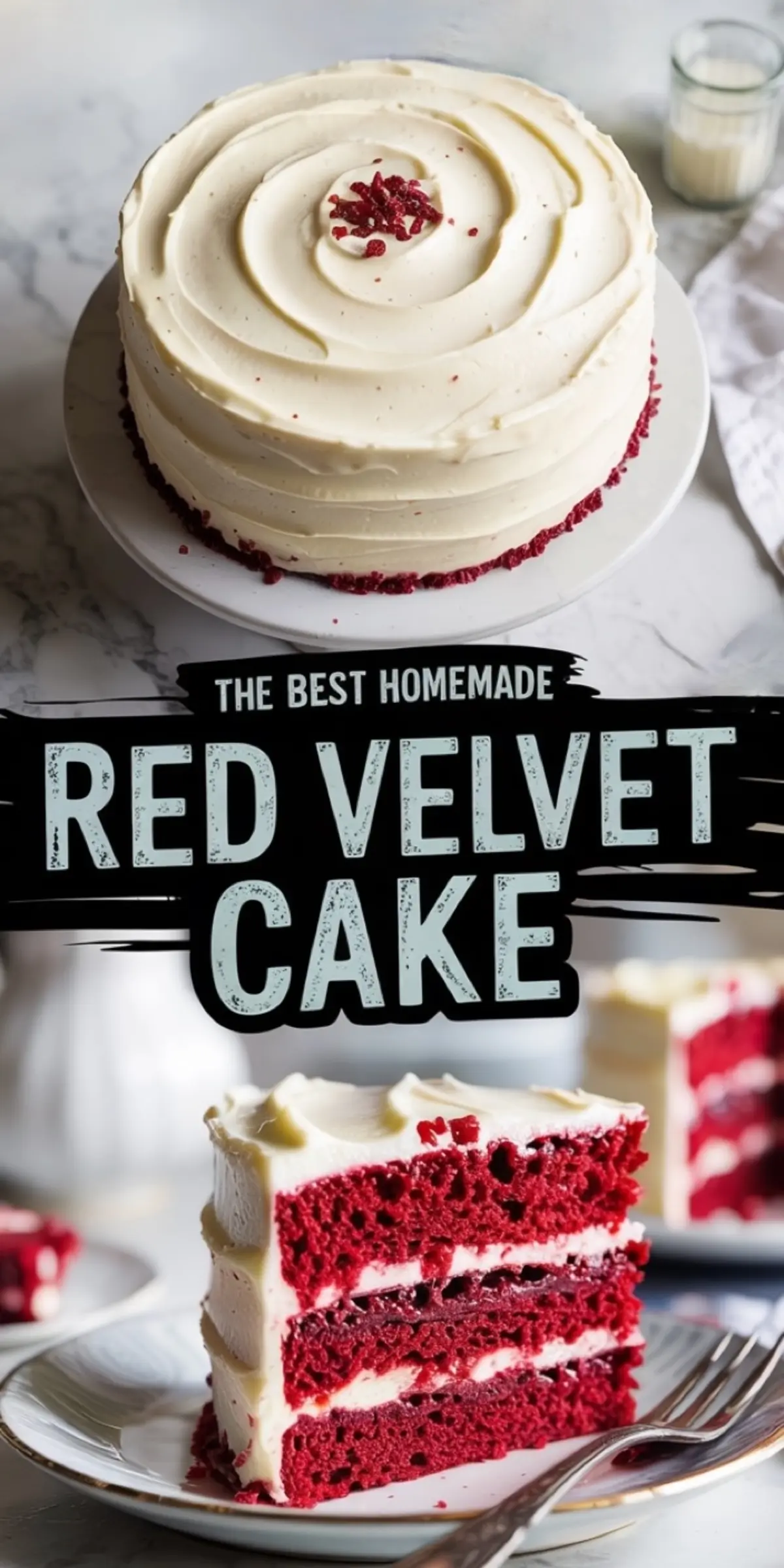 Red velvet cake collage featuring a frosted cake top with red crumb garnish and a plated slice, framed by a “The Best Homemade Red Velvet Cake” label for visual impact.