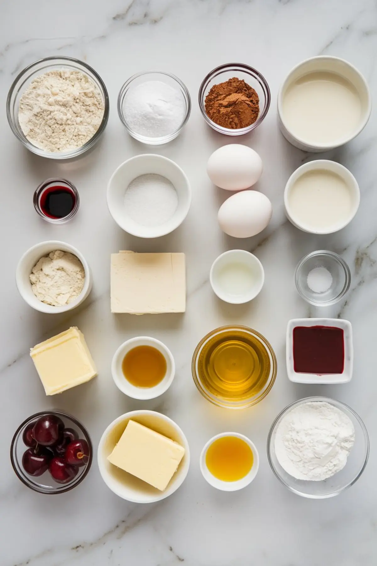 Flat lay of baking ingredients for red velvet cake including flour, cocoa powder, sugar, eggs, butter, cherries, vanilla, and buttermilk, arranged neatly in small bowls on a marble surface.