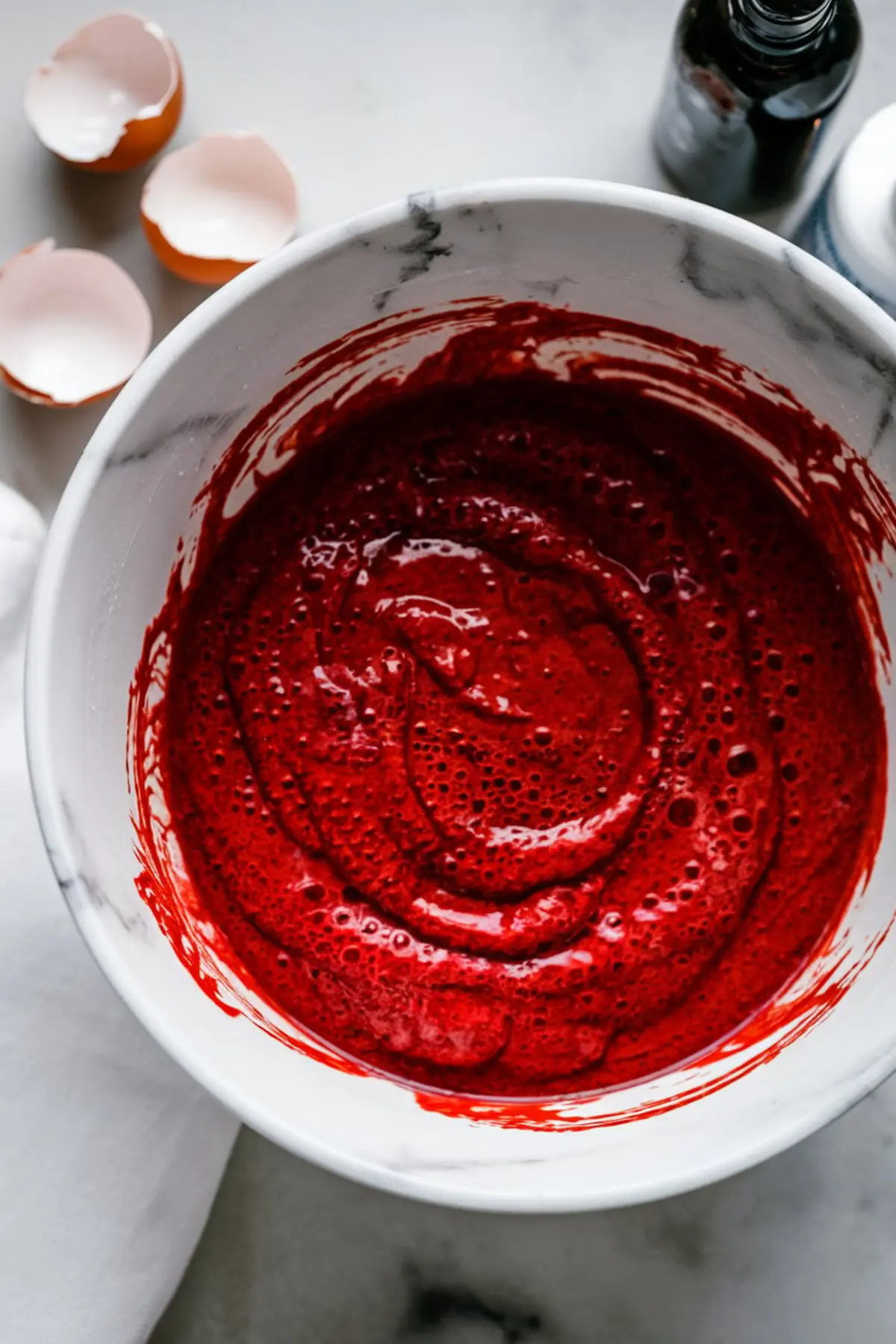 Top view of a mixing bowl filled with smooth, vibrant red velvet cake batter, with broken eggshells and vanilla extract nearby on a white counter.