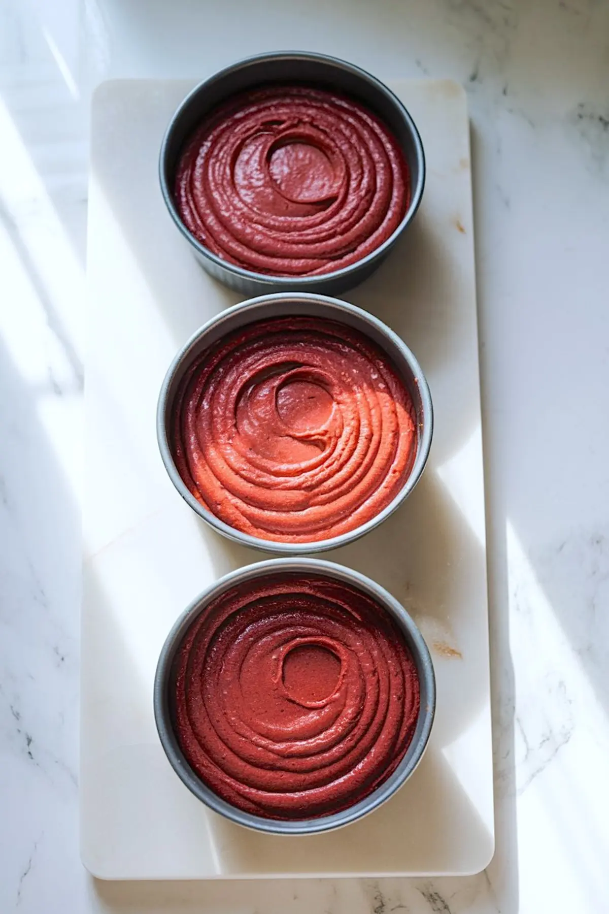 Three round baking pans filled with red velvet cake batter arranged on a white marble board, ready to be baked.