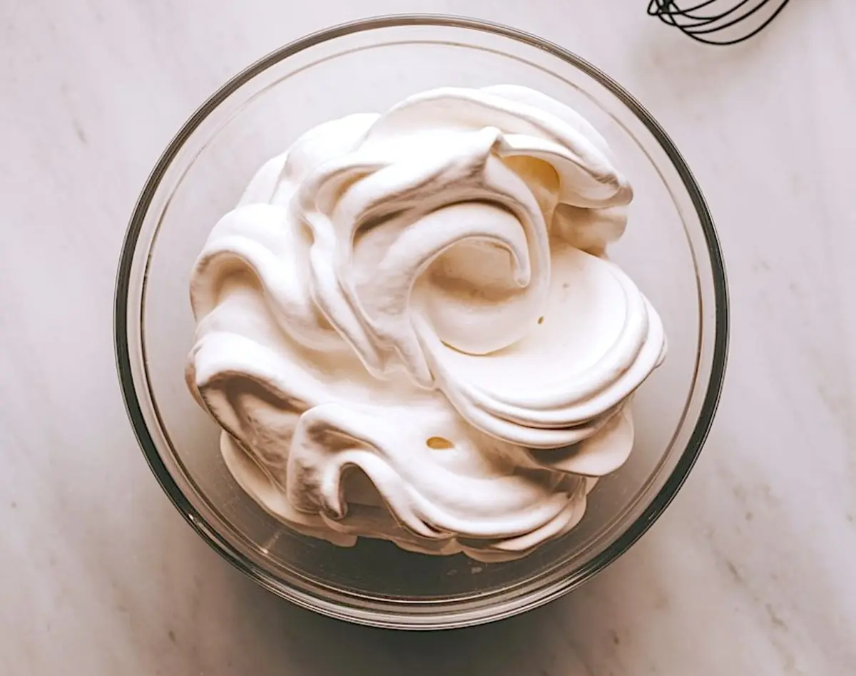 Fluffy white meringue peaks swirl in a glass mixing bowl, showcasing stiff glossy texture ideal for baking meringue cookies, pavlova, or pie topping on a marble countertop.