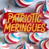 Colorful red, white, and blue meringue cookies with piped swirls displayed on a gray marble background, overlaid with “Patriotic Meringues” text, ideal for festive holiday treats or Americana party desserts.