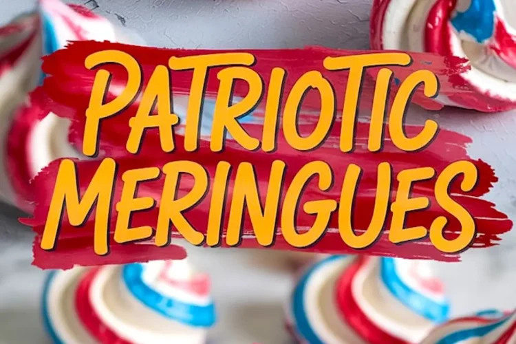 Colorful red, white, and blue meringue cookies with piped swirls displayed on a gray marble background, overlaid with “Patriotic Meringues” text, ideal for festive holiday treats or Americana party desserts.