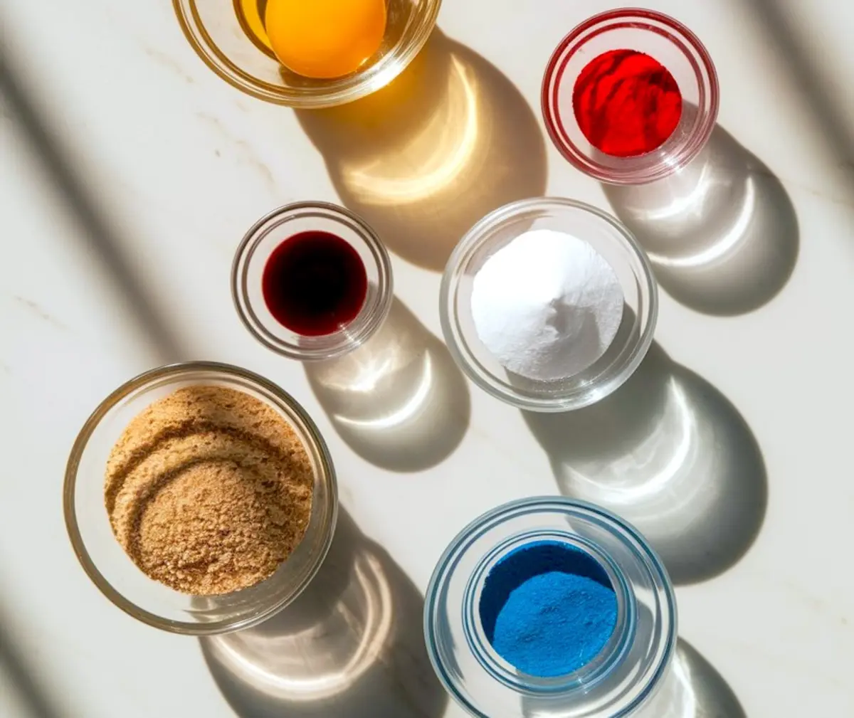 Overhead view of colorful baking ingredients on a white surface, including egg yolk, red and blue food coloring, vanilla extract, powdered sugar, and almond flour in clear glass bowls, lit by natural sunlight.