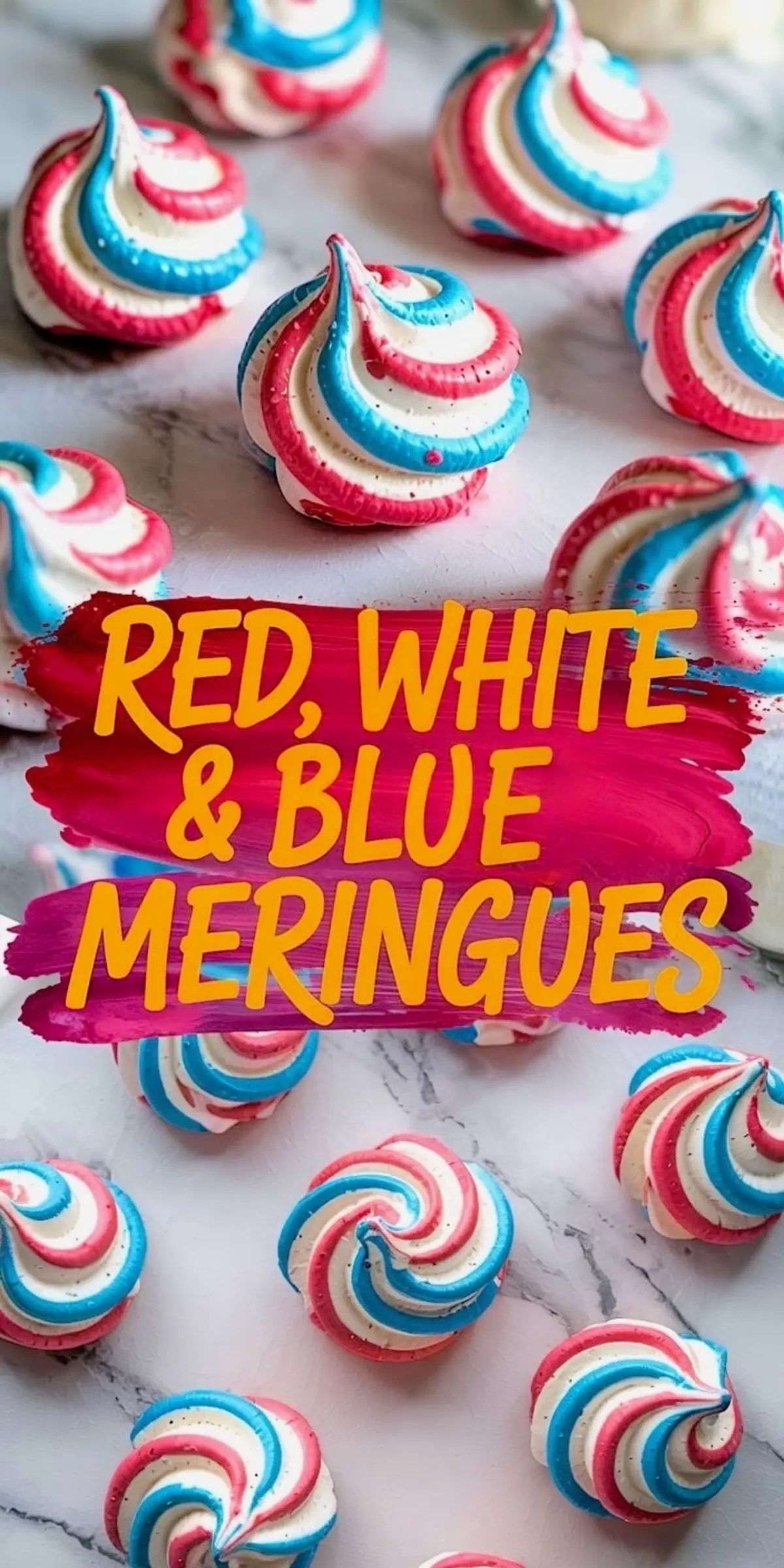 Swirled red, white, and blue meringue cookies with crisp peaks arranged on a marble surface, labeled with “Red, White & Blue Meringues,” perfect for Fourth of July dessert inspiration or patriotic baking ideas.