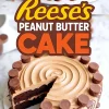 A visually rich collage featuring a Reese’s peanut butter chocolate cake. The top half shows the full cake with chocolate ganache drips and mini Reese’s cups decorating the rim. The bottom half displays a close-up of the sliced cake, revealing layers of moist chocolate cake and creamy peanut butter frosting. The center includes bold text reading “Reese’s Peanut Butter Cake” in orange, yellow, and white fonts.
