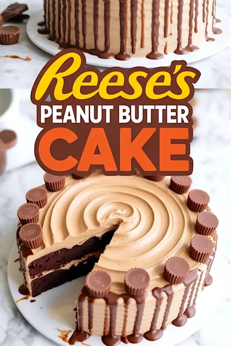 A visually rich collage featuring a Reese’s peanut butter chocolate cake. The top half shows the full cake with chocolate ganache drips and mini Reese’s cups decorating the rim. The bottom half displays a close-up of the sliced cake, revealing layers of moist chocolate cake and creamy peanut butter frosting. The center includes bold text reading “Reese’s Peanut Butter Cake” in orange, yellow, and white fonts.