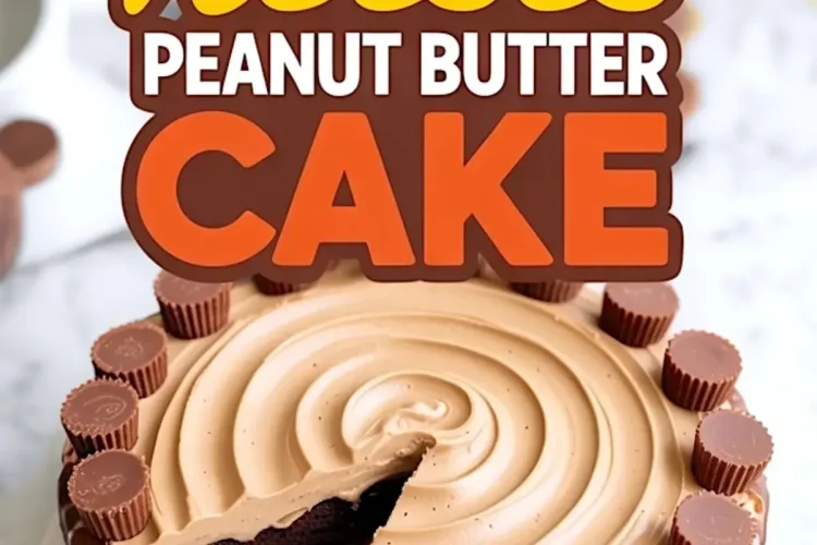 A visually rich collage featuring a Reese’s peanut butter chocolate cake. The top half shows the full cake with chocolate ganache drips and mini Reese’s cups decorating the rim. The bottom half displays a close-up of the sliced cake, revealing layers of moist chocolate cake and creamy peanut butter frosting. The center includes bold text reading “Reese’s Peanut Butter Cake” in orange, yellow, and white fonts.