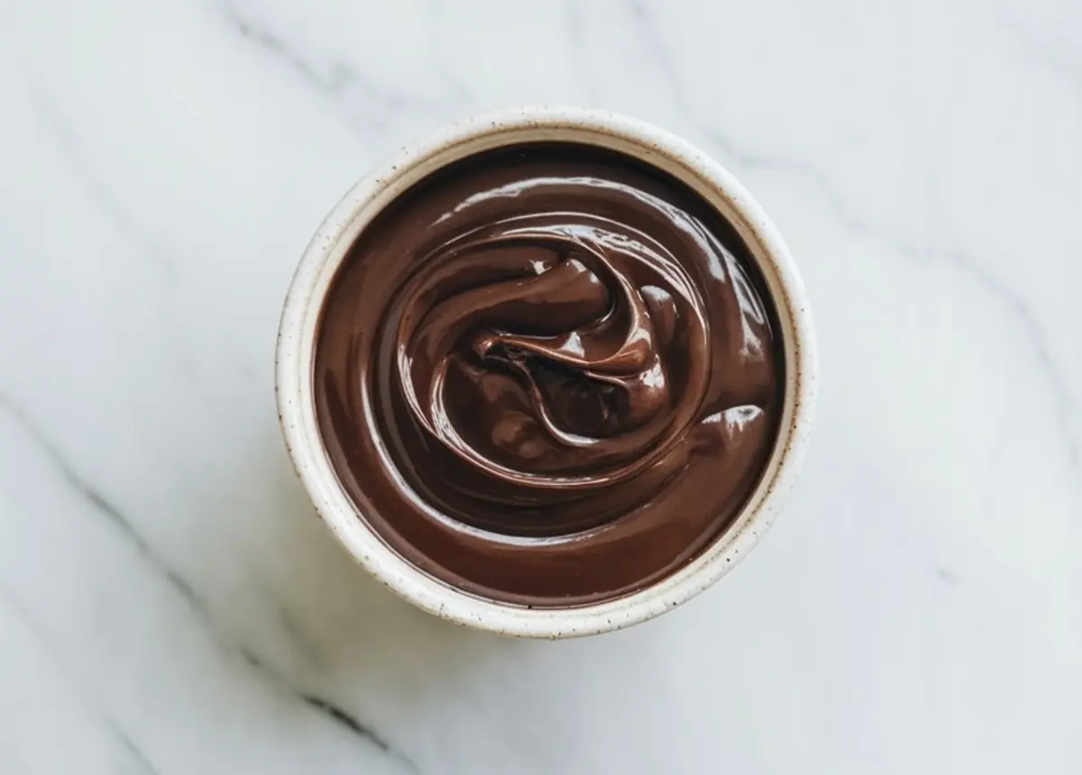 A small ceramic bowl filled with glossy chocolate ganache. The ganache has a smooth, swirled texture and sits on a white marble background.