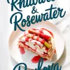 A slice of rhubarb and rosewater pavlova on a white plate, topped with whipped cream, vibrant red rhubarb stalks, and drizzled with pink syrup, photographed on a marble background with bold text overlay.