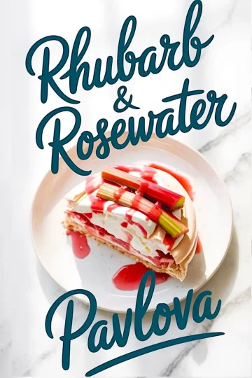 A slice of rhubarb and rosewater pavlova on a white plate, topped with whipped cream, vibrant red rhubarb stalks, and drizzled with pink syrup, photographed on a marble background with bold text overlay.