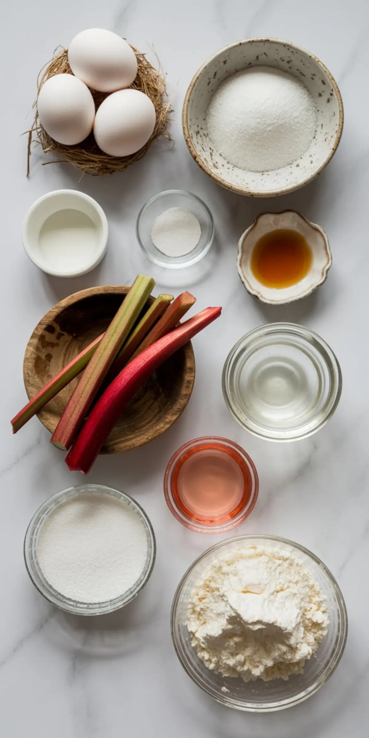 Overhead view of baking ingredients on a marble surface including eggs, granulated sugar, rhubarb stalks, cornstarch, rosewater, vanilla extract, and additional small bowls with other essentials for making rhubarb pavlova.