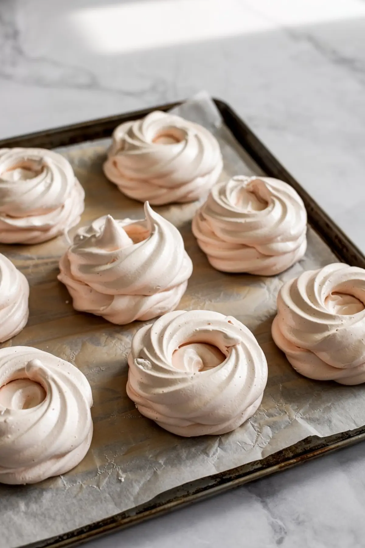 Freshly baked light pink mini meringue nests arranged on a parchment-lined baking tray, ready for assembling into individual pavlovas, photographed in soft natural light.