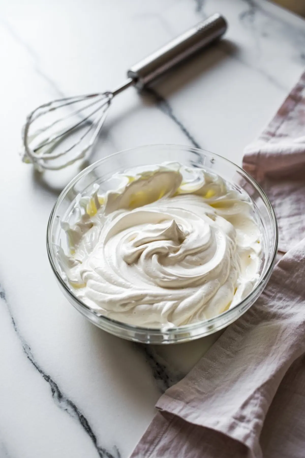 A glass bowl of freshly whipped cream with stiff peaks, placed beside a metal whisk on a marble countertop with a blush-colored napkin.