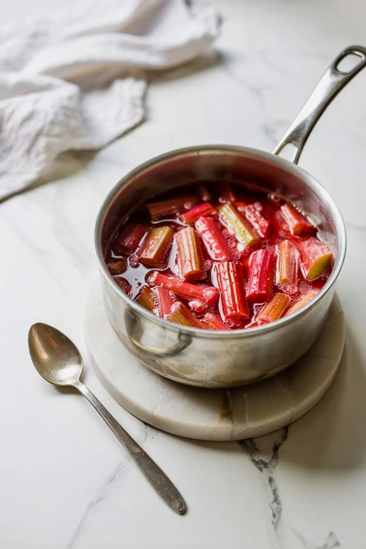A saucepan filled with chopped rhubarb simmering in pink syrup, set on a marble surface with a silver spoon beside it, capturing the poaching process for the dessert topping.
