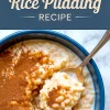 Collage displaying a partially scooped bowl of rice pudding topped with cinnamon, with elegant script reading “Creamy Rice Pudding Recipe” at the top, highlighting the texture and warmth of a comforting rice pudding with cooked rice.