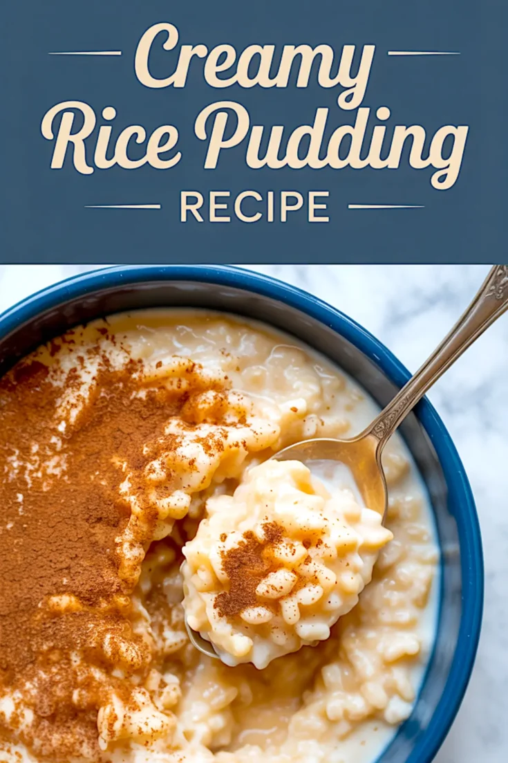 Collage displaying a partially scooped bowl of rice pudding topped with cinnamon, with elegant script reading “Creamy Rice Pudding Recipe” at the top, highlighting the texture and warmth of a comforting rice pudding with cooked rice.