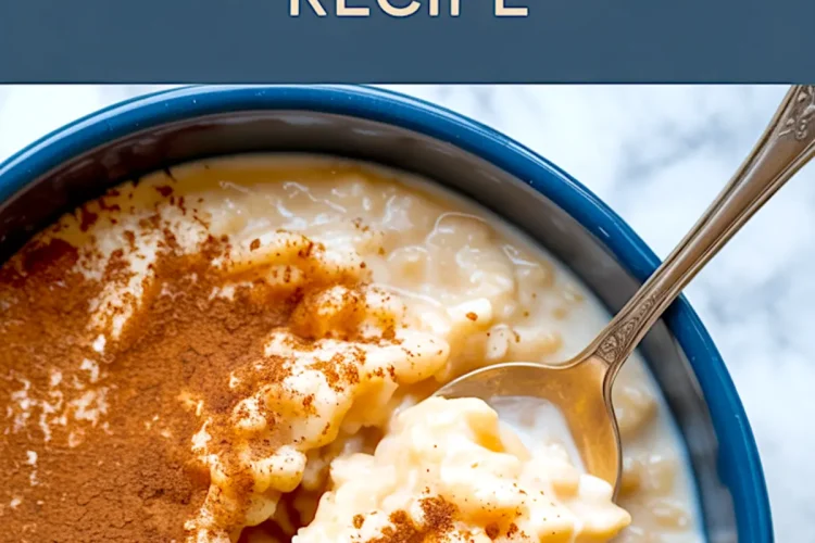 Collage displaying a partially scooped bowl of rice pudding topped with cinnamon, with elegant script reading “Creamy Rice Pudding Recipe” at the top, highlighting the texture and warmth of a comforting rice pudding with cooked rice.