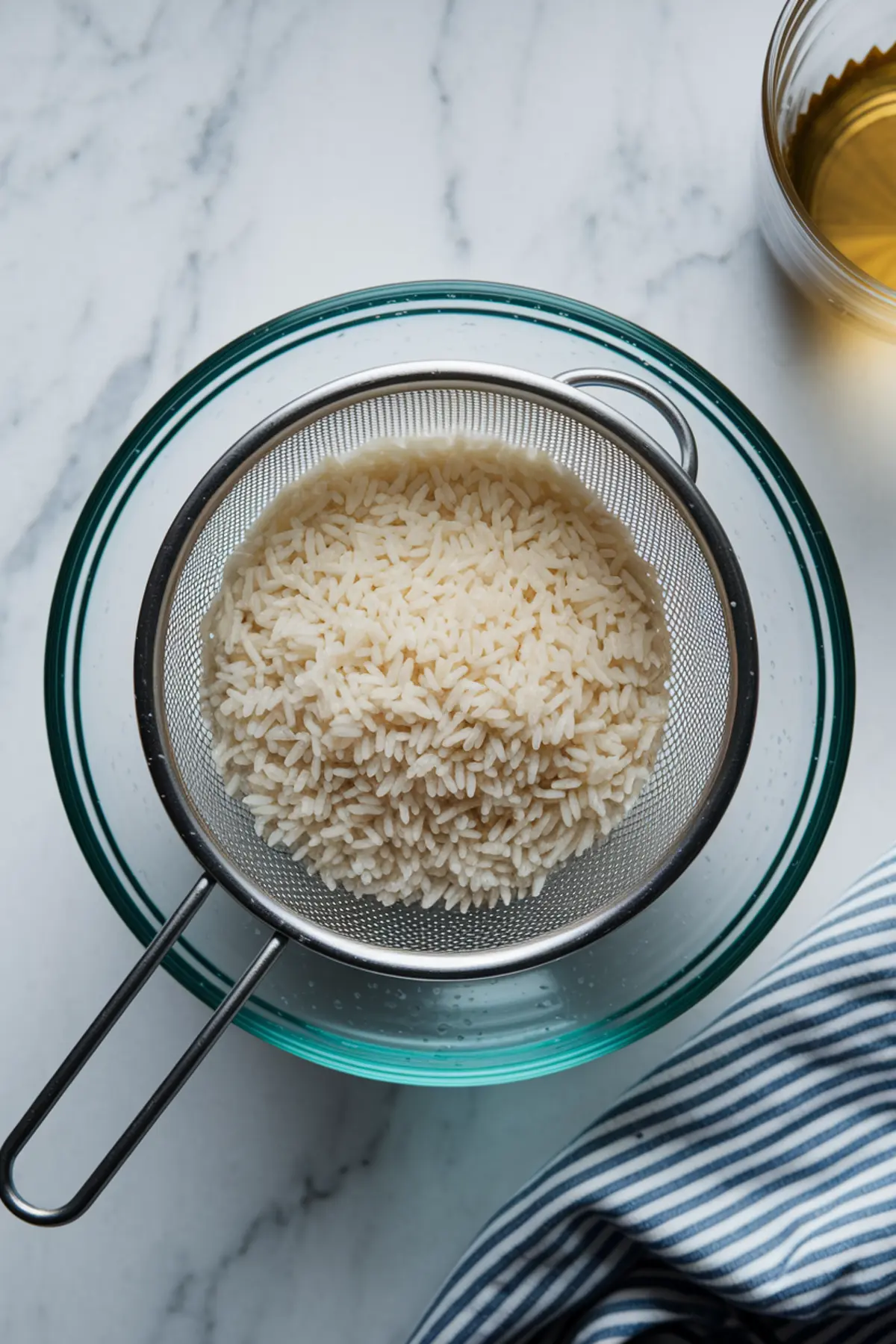 Close-up of rinsed uncooked rice draining in a fine mesh strainer over a glass bowl, prepared for making creamy rice pudding with cooked rice or healthy rice pudding from scratch.