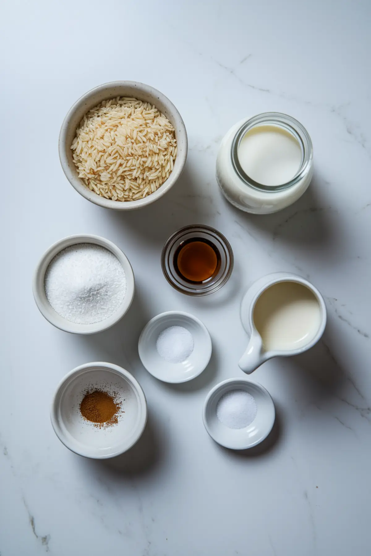 Flat lay of rice pudding ingredients arranged on a marble surface, including uncooked long-grain rice, whole milk, heavy cream, granulated sugar, vanilla extract, ground cinnamon, and salt, ideal for an easy rice pudding or old fashioned rice pudding recipe.