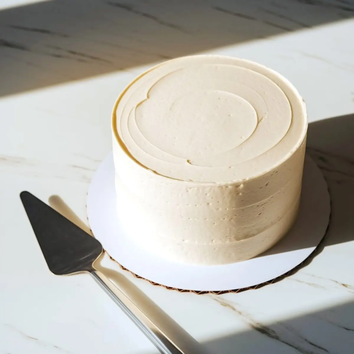 Single-tier cake with a smooth buttercream frosting finish, placed on a white cake board with a metal cake server beside it on a sunlit marble countertop.