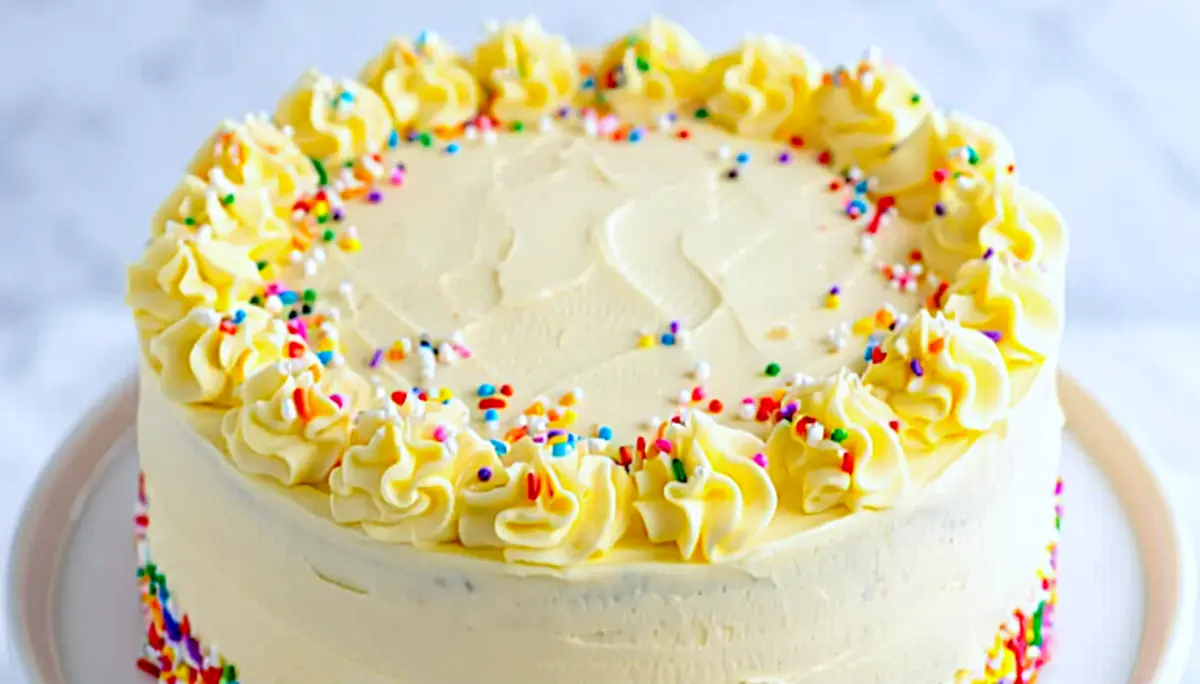 Frosted vanilla birthday cake topped with piped buttercream swirls and rainbow sprinkles around the edges, displayed on a white cake stand.