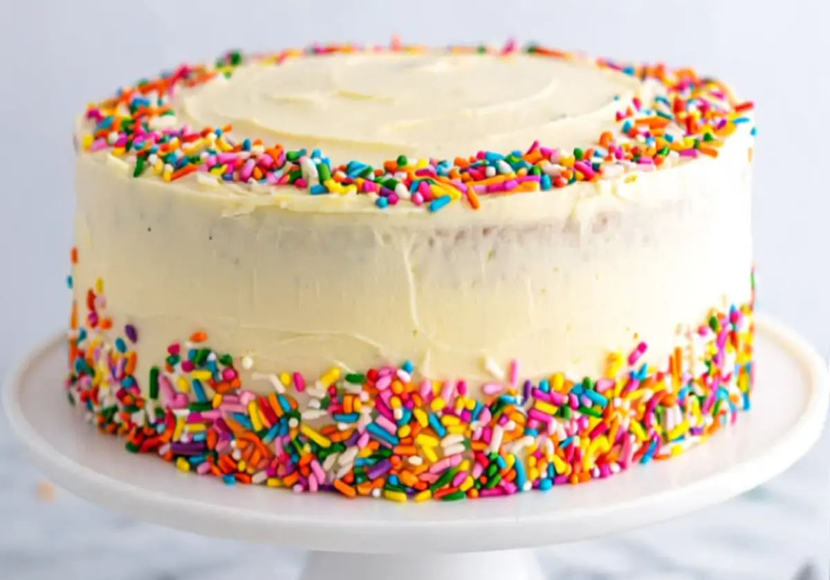Close-up of a classic vanilla birthday cake with a thick layer of buttercream frosting and colorful rainbow sprinkles along the top and base, on a white pedestal cake stand.