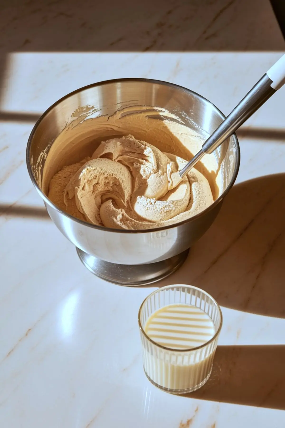 Metal mixing bowl filled with whipped cake batter on a sunlit kitchen counter, with a glass of milk in the foreground.
