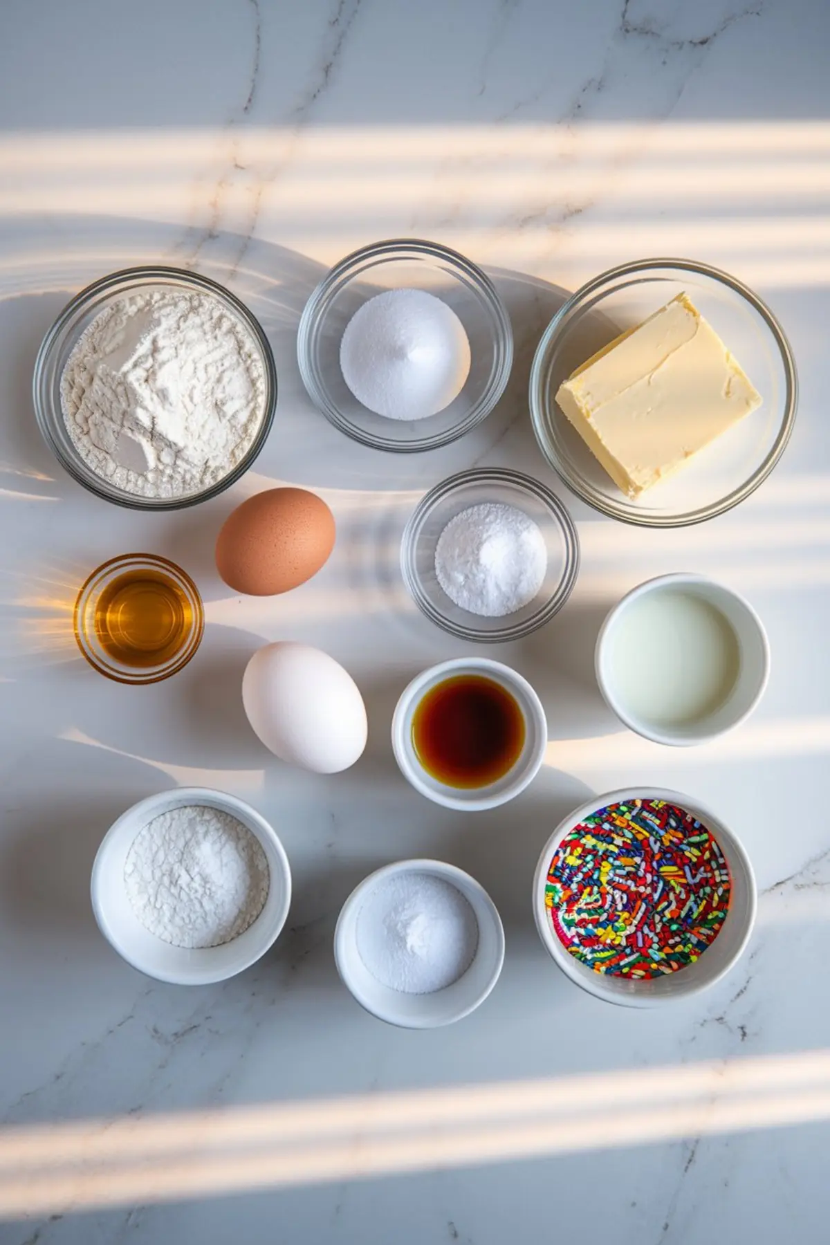 Flat lay of birthday cake ingredients on a marble surface, including flour, sugar, butter, eggs, baking powder, vanilla extract, milk, powdered sugar, and colorful rainbow sprinkles.