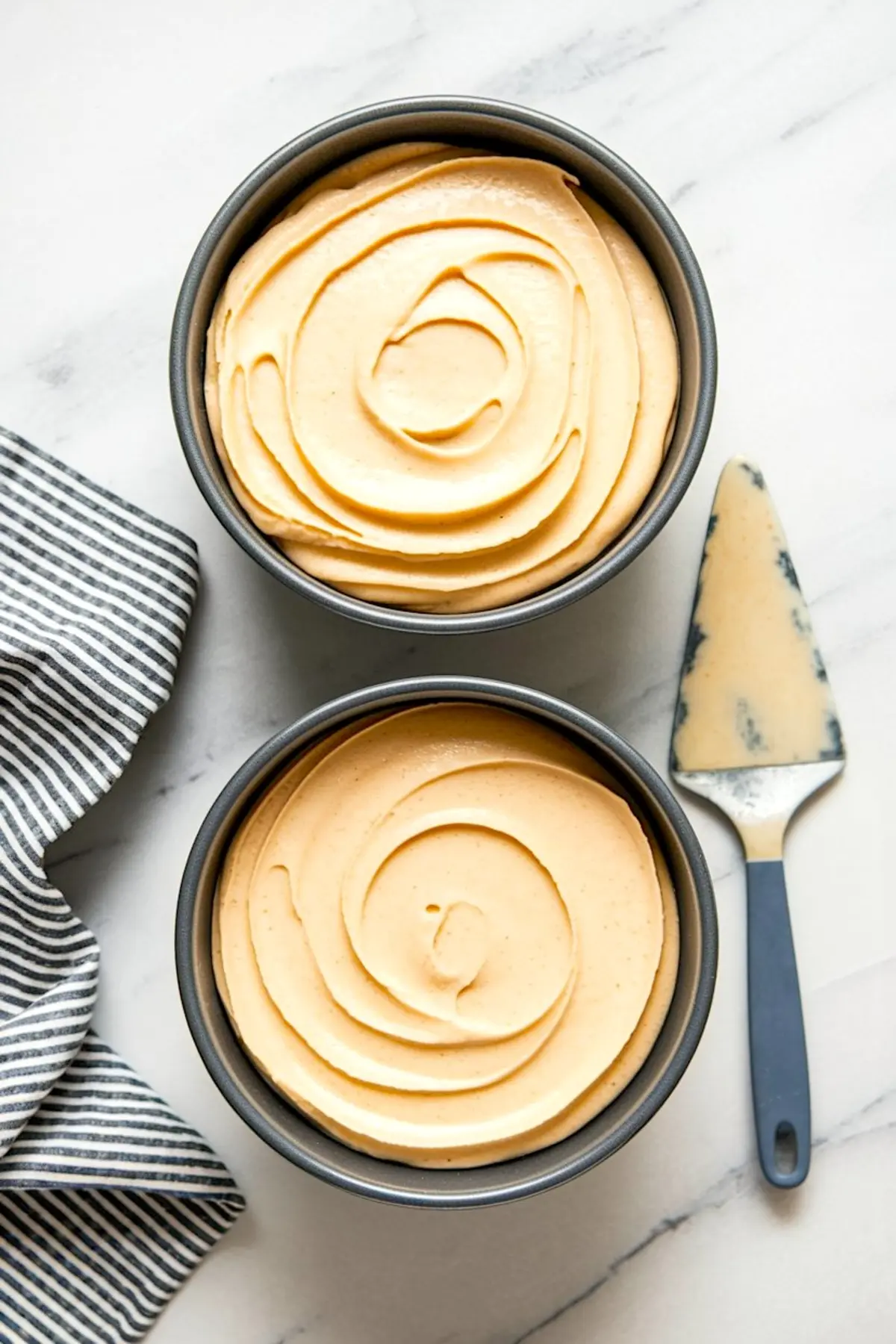 Overhead view of two cake pans filled with smooth yellow cake batter, ready for baking, set on a marble surface with a striped kitchen towel and spatula.